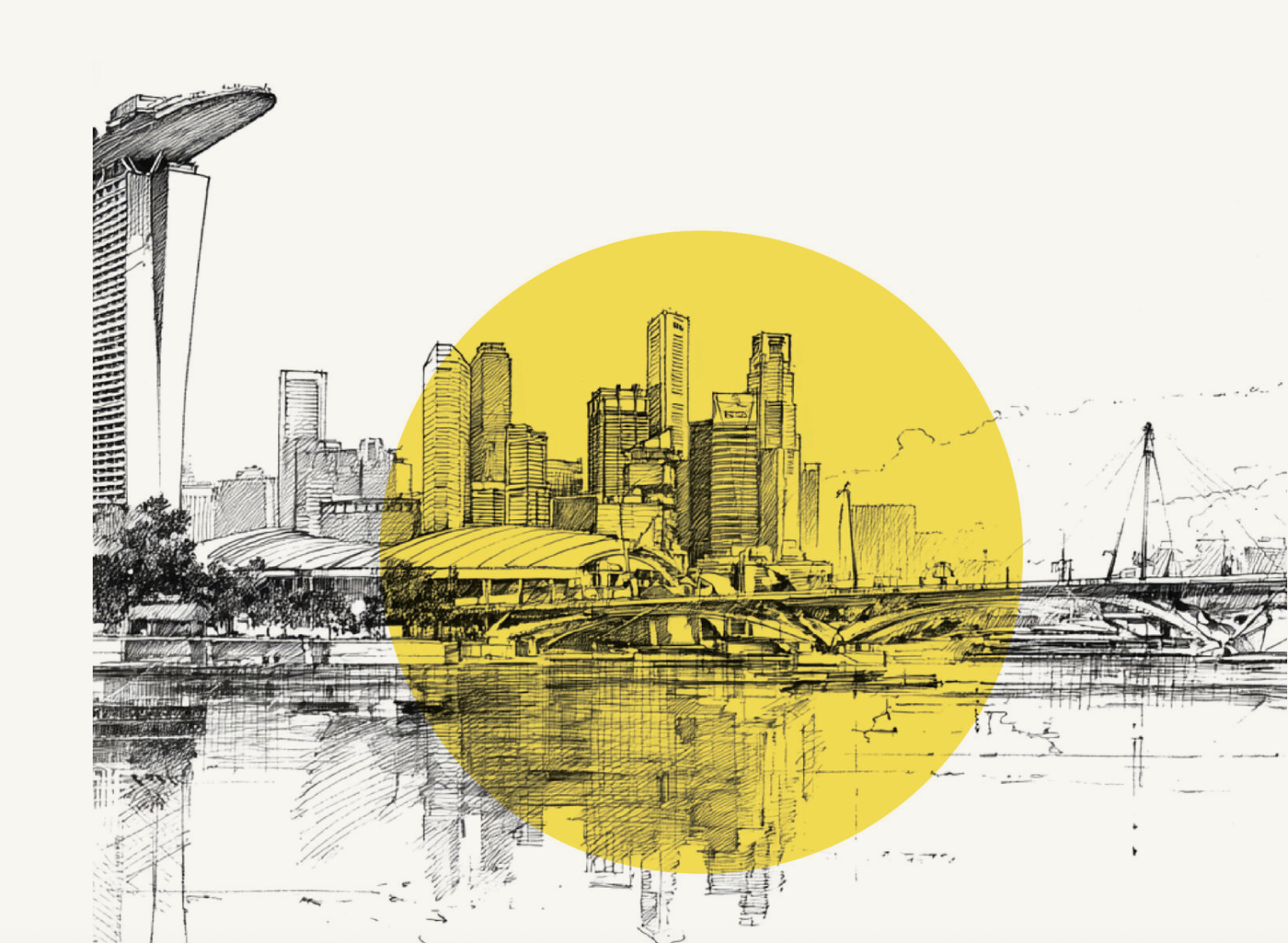 Singapore skyline sketch with a yellow sun marking the Circle